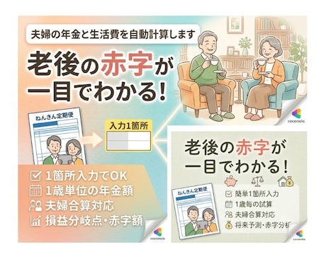 夫婦の年金と生活費を自動計算します 【1箇所入力】夫婦の年金と定年後の赤字リスクを徹底見える化 イメージ1
