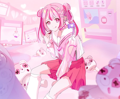 少女メインのラブリーなイラスト制作します 背景アリ対応可◎小物多めのごちゃっとしたイラストなど！ イメージ2