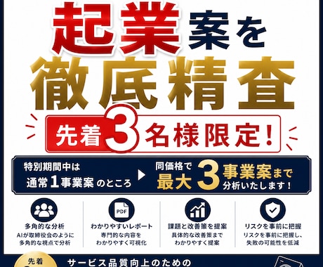 AI取締役会が事業案を徹底分析します 事業を分析し、客観的な判断材料となるレポートを作成します。 イメージ1