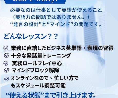 オンラインビジネス英会話レッスンを行います 30歳過ぎから習得した元講師がマインドから変えるビジネス英語 イメージ2