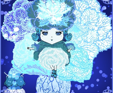 青色を基調として植物を妖怪に変化させた絵を描きます ブルーなのにキラキラ★植物と妖怪を美しく表現したイラストです イメージ2