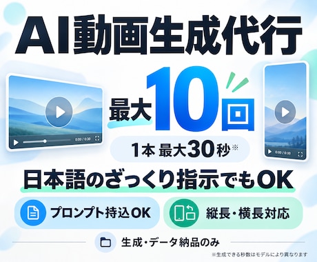 動画AIで30秒以内の動画を10回生成します プロンプト持ち込みOK・ご指定内容で10回生成します イメージ1
