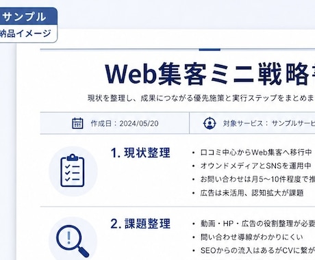 Web集客の課題と優先施策を整理します 初心者向け/目標の見直しや現状整理に/ミニ戦略書をお渡し イメージ2