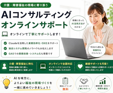 介護・福祉向け AI活用や業務改善アドバイスします オンライン相談でAI・DX活用をやさしく伴走サポートします イメージ1