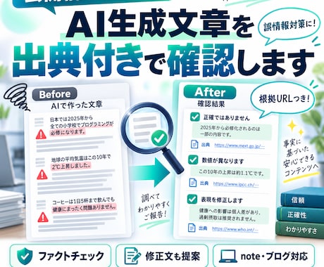 AI生成文章を出典付きで確認します 誤情報をチェックし根拠URLと修正文をまとめます イメージ1