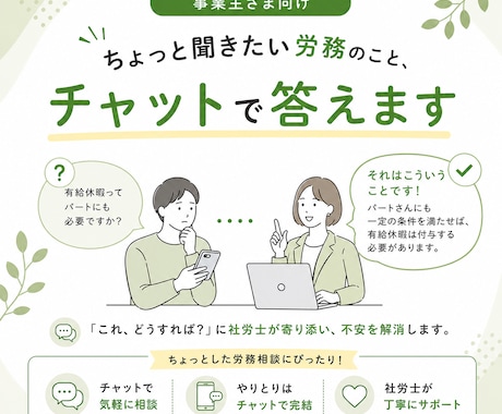 ちょっと聞きたい労務のこと、チャットで答えます 「これ、どうすれば？」に社労士が寄り添い、不安を解消します。 イメージ1