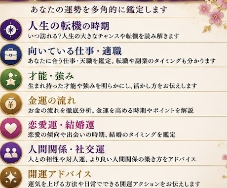 四柱推命で人生の転機と適職・金運を総合鑑定します 人生の流れ・才能・適職・金運を命式から丁寧に読み解きます イメージ2