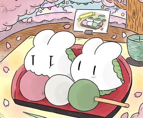 ゆるくてかわいいイラストを描きます ポーズ、小物、動物など追加料金なし！商用利用OK イメージ1