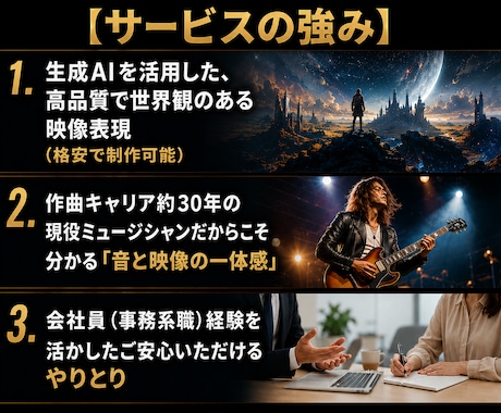 生成AI使用で世界観溢れるMV・PVを制作します 格安で高品質MVを作りたいが、、、というお悩みを解決します！ イメージ2