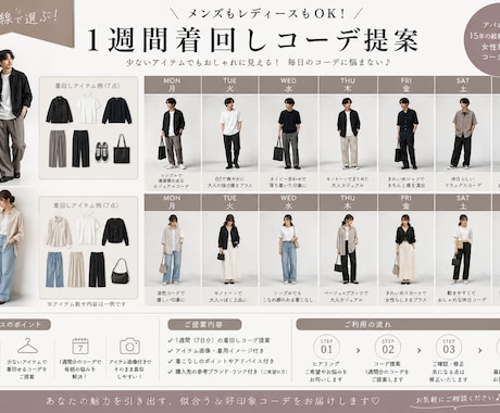 もう悩まない！1週間分コーディネート提案ます 少ないアイテムでも組み合わせ次第で毎日オシャレに！ イメージ1