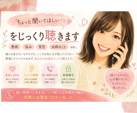 ちょっと聞いてほしい…をじっくり聴きます 「こんなこと話していいのかな？」という内容も大歓迎です。 イメージ1