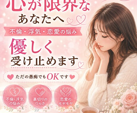 浮気・不倫された？一緒に解決します 泣いてもいい。うまく話せなくてもいい。全部受け止めます。 イメージ1