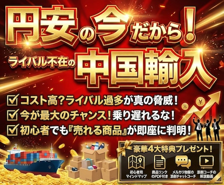 円安の今だから！中国輸入で勝ちにいけます 【副業・簡単・初心者OK】メルカリ・裏技・添削コーチツール イメージ1