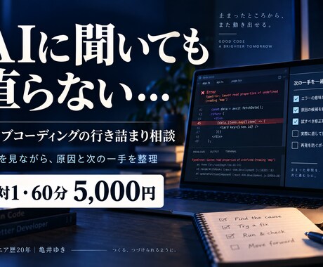 バイブコーディングの行き詰まりを一緒に整理します AIに聞いても直らない時に｜画面共有で相談60分 イメージ1