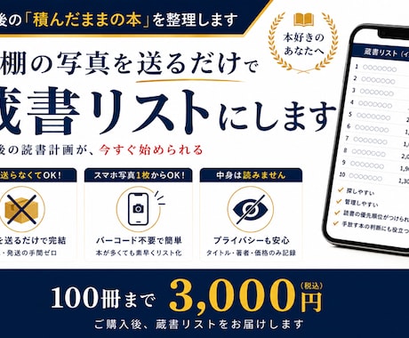 本棚の写真から蔵書リストをお作りします 積んだままの本、何冊あるかご存じですか？一覧表お作ります。 イメージ1