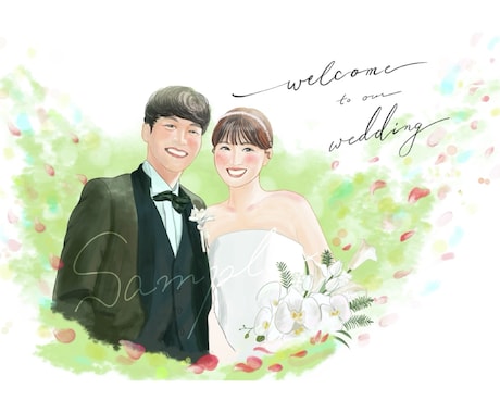 にっこり笑顔溢れるウェルカムボードをお描きします 結婚式を彩るふんわり柔らかい似顔絵ウェルカムボード イメージ1