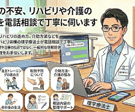 現役理学療法士がリハビリ相談に乗りますます 退院後の不安や介護の悩みを電話にて相談対応 イメージ1