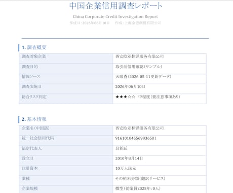 中国企業の信用調査、登記等リサーチレポート作ります 中国企業の信用調査・登記情報をリサーチしレポートを納品します イメージ2
