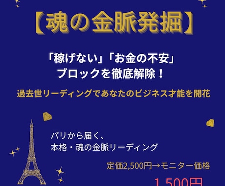 稼げない・お金の不安ブロックを過去世で解除します (期間限定モニター価格)魂の金脈を発掘し豊かさを受け取る イメージ1
