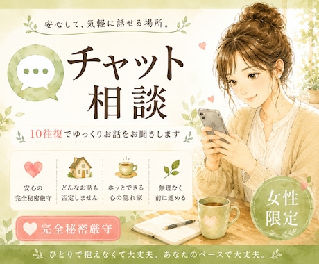 悩み相談｜女性限定＊チャットでゆっくりお聞きします 話すのがしんどい日は、文字でも大丈夫。 イメージ1