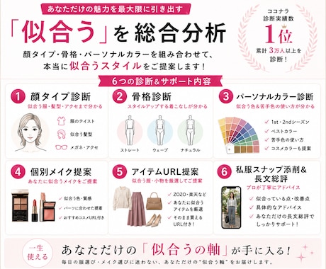 大人女性向け｜顔タイプ｜骨格｜カラー診断します 診断実績１位★あなた専用カルテ＆個別メイク提案付き★総合分析 イメージ2