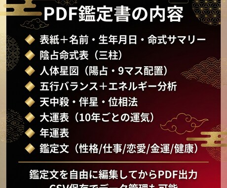 算命学の命式鑑定書PDF自動生成ツールを提供します 人体星図＋大運＋天中殺まで全自動でPDF鑑定書を生成 イメージ2