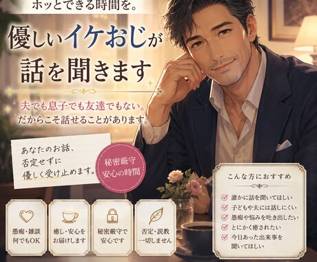 ホッとできる時間を。優しいイケおじが話を聞きます 今日の出来事、誰にも言えない悩み、何でも聞かせてください。 イメージ1
