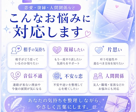 恋愛のお悩みにやさしく寄り添う鑑定文を作成します 不安な恋・復縁・相手の気持ちを、やさしい鑑定文で整理します イメージ2