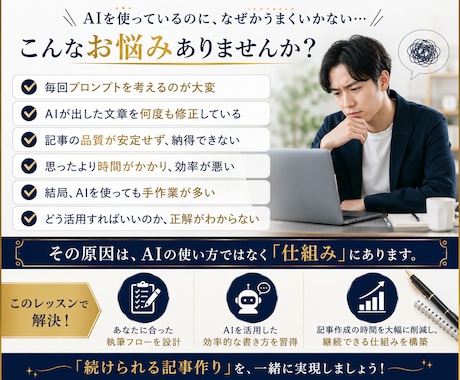 AIで記事を書き続ける仕組みを一緒に作ります AI任せではなく、あなた専用の執筆フローを一緒に設計します イメージ2