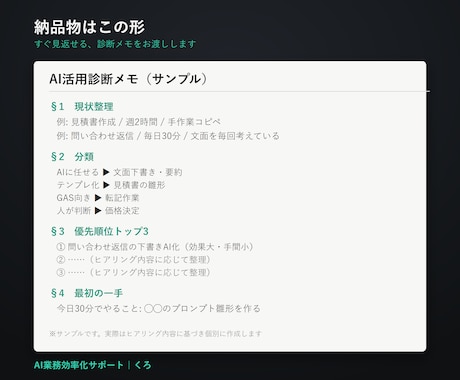 あなたの仕事に合うAI活用方法を診断します 作業を分解し、AI活用の最初の一手を整理します イメージ2