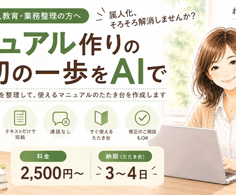 業務マニュアル・チェックリストのたたき台作成します 「何から書けば…」を解消！マニュアル作りの最初の一歩をAIで イメージ1