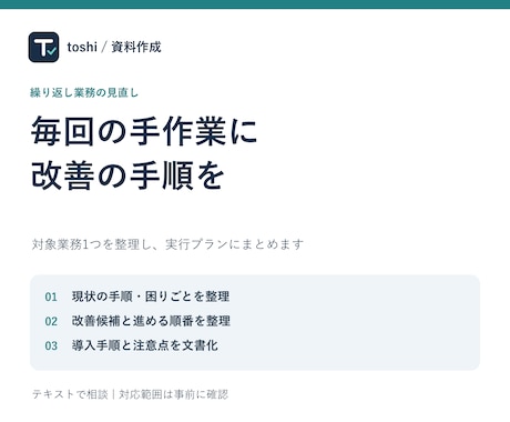 繰り返し業務の改善手順を設計します 業務フロー・改善候補・実行手順を提案書に イメージ1