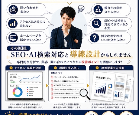 ホームページを診断しSEO・AIO改善を提案します Google検索とAI検索の両方で選ばれるサイトへ改善します イメージ2