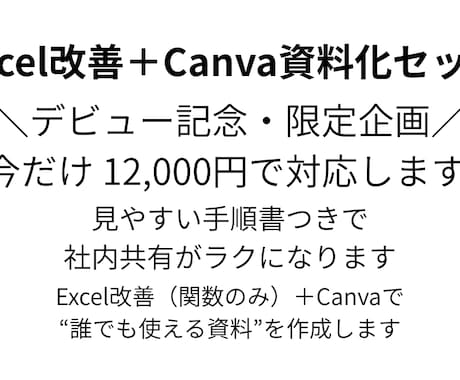 Excel改善＋Canva資料化セットだします 誰でも使える手順書つきで社内共有がラクに（関数のみ） イメージ1