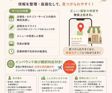 MEO対策・プロフィール編集のサポートをします 集客力アップに繋がるプロフィールを作成・編集いたします イメージ1