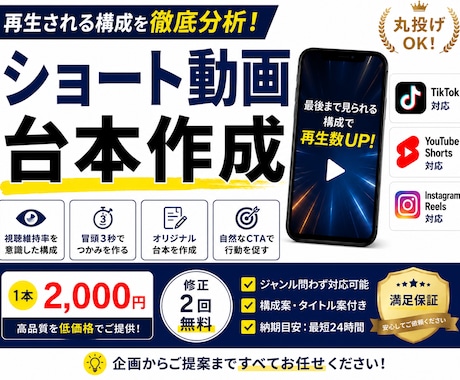 ショート動画の台本を作成します 視聴維持率を意識した最後まで見られる台本を作成します。 イメージ1