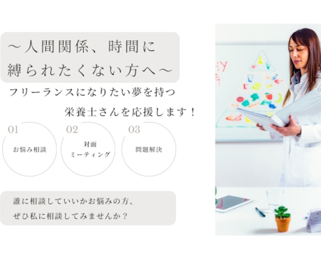 人間関係、時間に縛られたくない方へ相談に乗ります フリーランスになりたい栄養士さんを応援します！ イメージ1