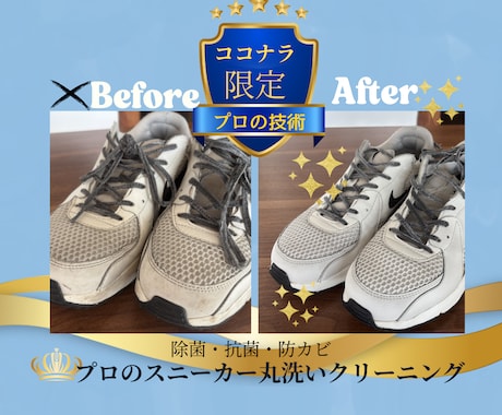 プロの技術でスニーカーをクリーニングします 抗菌、防カビ、防臭付き。丸洗いクリーニングです。 イメージ1