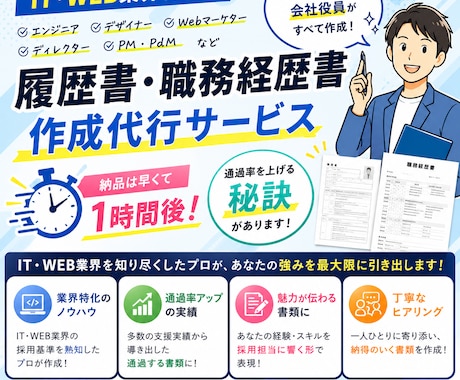 履歴書・経歴書を作成し書類通過率を上げます 現役エージェント会社の役員が書類通過率が上がる書類を作ります イメージ1