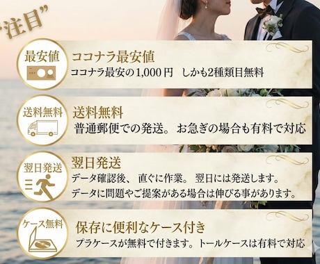 ココナラ最安値！結婚式放映データDVDにします 2種類目無料　BD対応（ケース付き）　送料無料・翌日発送 イメージ2
