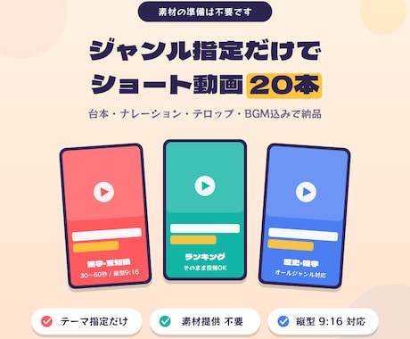 指定ジャンルのショート動画を20本作ります ジャンル指定だけでOK｜縦型ショート動画を20本まとめて制作 イメージ1