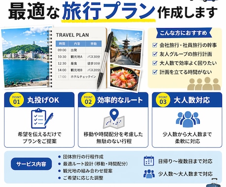 幹事丸投げOK！団体・グループ旅行プラン作成します 幹事さんの負担を減らす最適プラン提案します イメージ2