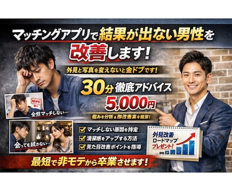 マッチングアプリがうまくいかない男性を改善します アプリで選ばれない見た目を徹底改善 イメージ1