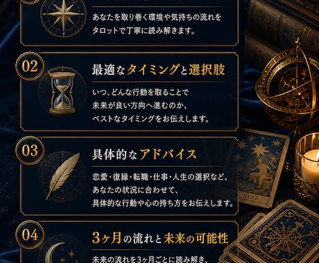 今動くべき時期と流れを具体的に読み解きます 3ヶ月の流れ・恋愛・仕事の最適タイミングを具体的に鑑定 イメージ2