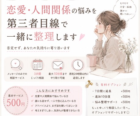 誰にも言えない悩み、メッセージでゆっくり聞きます 恋愛・人間関係で悩む方へ。第三者目線で一緒に整理します イメージ1