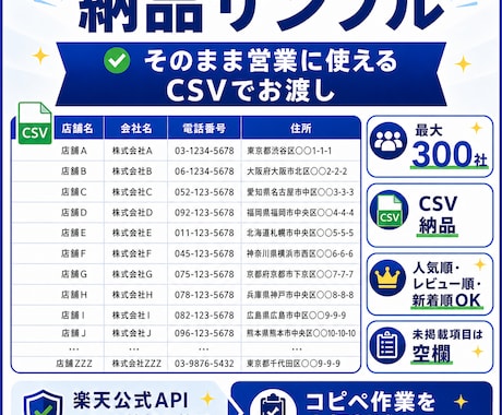 楽天市場の店舗営業リスト300社作成します ショップ収集の十数時間を、ゼロに。条件指定OK イメージ2