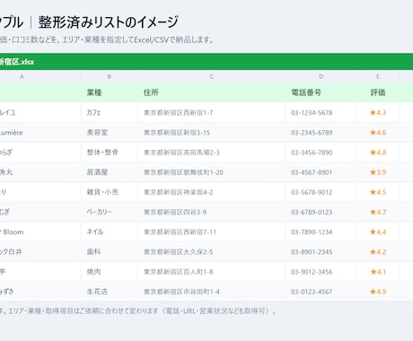 Googleマップの店舗情報をExcel化します 評価・口コミ数つき店舗リストを代行作成 イメージ2