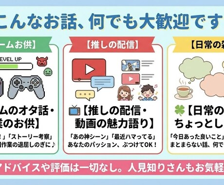 ゲーム等の熱い推し語り・作業のお供に付き合います 否定一切なし！あなたの「大好き」をニコニコ全力で拝聴します イメージ2