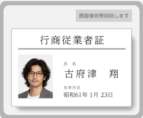 古物商「行商従業者証」プラスチックカード作成します 顔写真の背景削除、送料も含めた価格です イメージ2