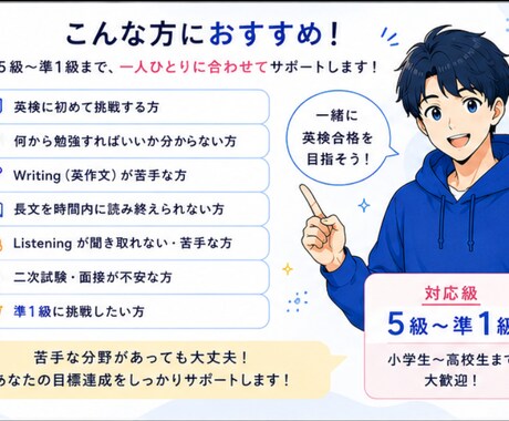帰国子女の高校生が英検5級〜準1級をサポートします 5級〜準1級まで対応!年齢の近い講師と気軽に楽しく英検対策! イメージ2